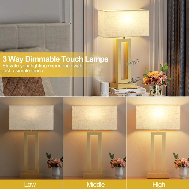 Alt view image 3 of 7 - 22" Tall Bedroom Lamps for Living Room - Touch Gold Bedside Lamps with USB C+A, 3 Way Dimmable Lamp for Nightstand, Modern Night Stands Lamps for End Tables(Beige&Gold)