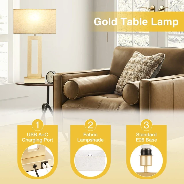 Alt view image 4 of 7 - 22" Tall Bedroom Lamps for Living Room - Touch Gold Bedside Lamps with USB C+A, 3 Way Dimmable Lamp for Nightstand, Modern Night Stands Lamps for End Tables(Beige&Gold)