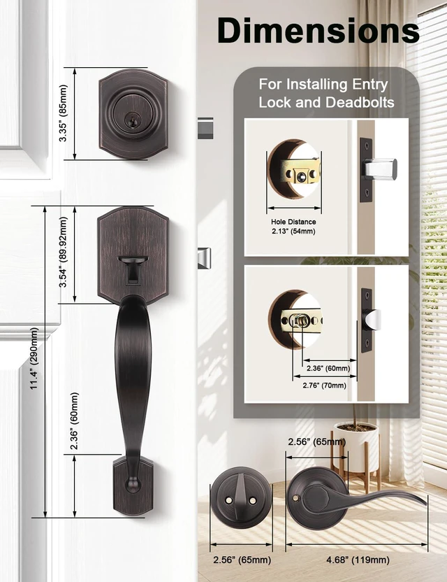 Alt view image 7 of 7 - Oil Rubbed Bronze Double Front Door Handleset with Deadbolt Upgraded Entry Door Handle Featuring Accent Wave Lever, Keyed & Dummy Exterior Handleset Combination