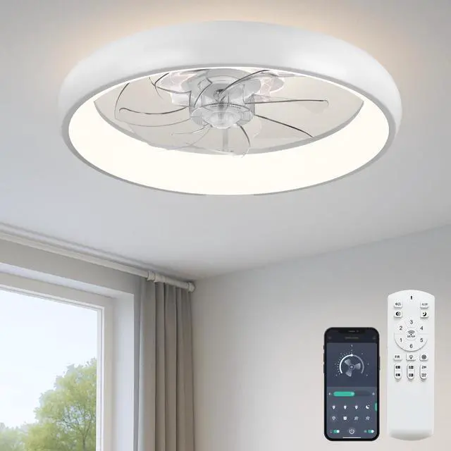 Main image of 20'' Ceiling Fan with Light and Remote,White Low profile Fandelier 3-Color Night Light, 3000-6500K Dimmable LED, Flush Mount, Remote & App, 6 Speeds & Reverse, Memory, Timer, Quiet Bedroom Fan
