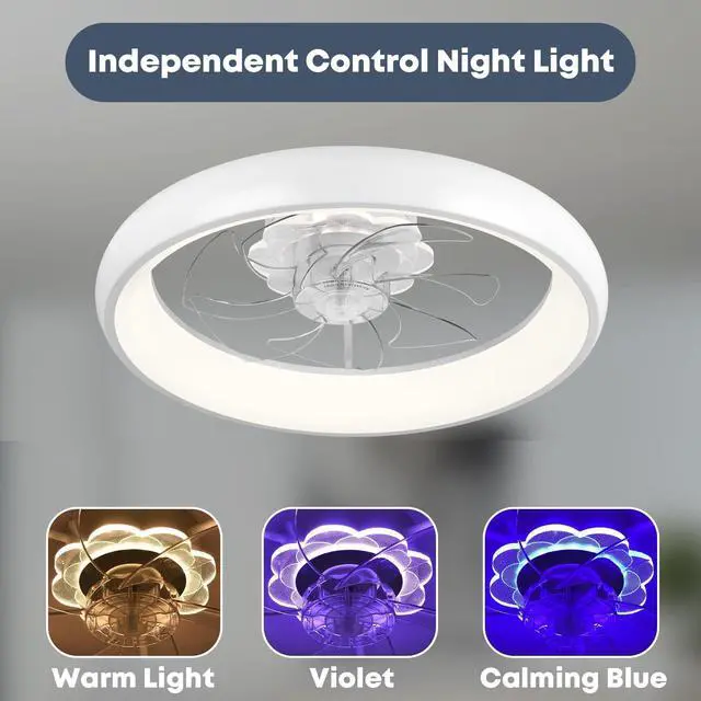 Alt view image 2 of 7 - 20'' Ceiling Fan with Light and Remote,White Low profile Fandelier 3-Color Night Light, 3000-6500K Dimmable LED, Flush Mount, Remote & App, 6 Speeds & Reverse, Memory, Timer, Quiet Bedroom Fan