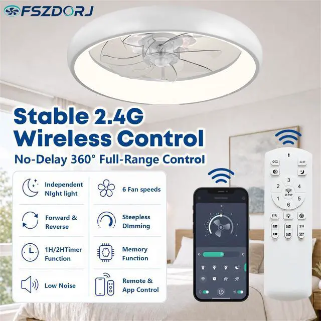 Alt view image 5 of 7 - 20'' Ceiling Fan with Light and Remote,White Low profile Fandelier 3-Color Night Light, 3000-6500K Dimmable LED, Flush Mount, Remote & App, 6 Speeds & Reverse, Memory, Timer, Quiet Bedroom Fan