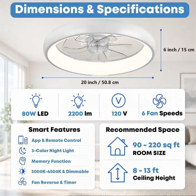 Alt view image 7 of 7 - 20'' Ceiling Fan with Light and Remote,White Low profile Fandelier 3-Color Night Light, 3000-6500K Dimmable LED, Flush Mount, Remote & App, 6 Speeds & Reverse, Memory, Timer, Quiet Bedroom Fan