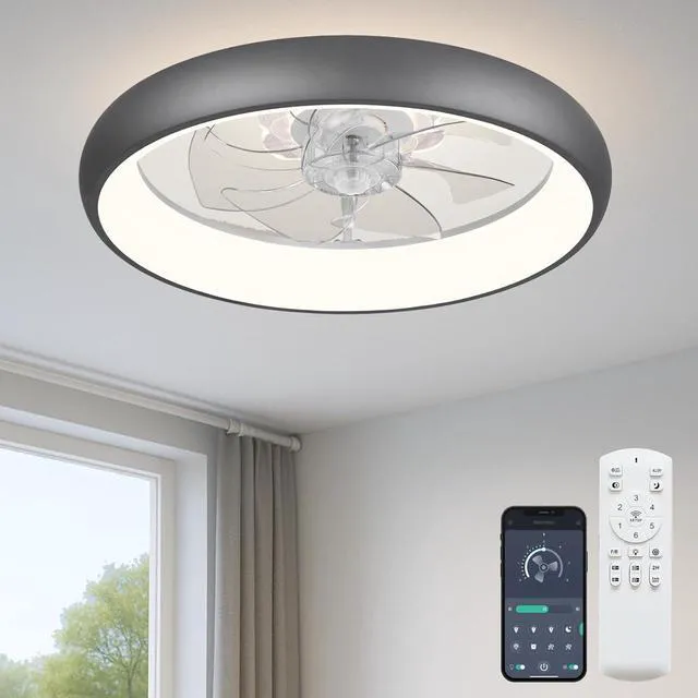 Main image of 20'' Ceiling Fan with Light and Remote,Grey Low profile Fandelier 3-Color Night Light, 3000-6500K Dimmable LED, Flush Mount, Remote & App, 6 Speeds & Reverse, Memory, Timer, Quiet Bedroom Fan