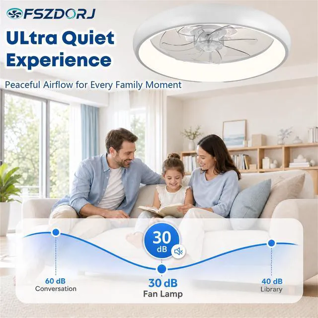 Alt view image 6 of 7 - 20'' Ceiling Fan with Light and Remote,White Low profile Fandelier 3-Color Night Light, 3000-6500K Dimmable LED, Flush Mount, Remote & App, 6 Speeds & Reverse, Memory, Timer, Quiet Bedroom Fan