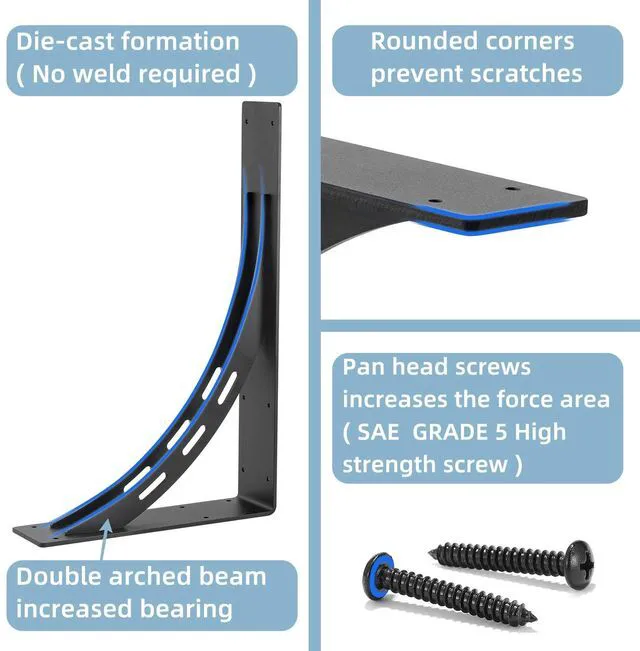 Alt view image 4 of 7 - Heavy Duty Shelf Brackets (Set of 2) - 16" x 12" Max Load 1100 Lbs - Premium Alloy Metal Mantel Brackets