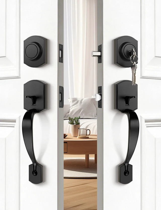Alt view image 2 of 7 - Matte Black Double Front Door Handleset with Deadbolt Upgraded Entry Door Handle Featuring Accent Wave Lever, Keyed & Dummy Exterior Handleset Combination