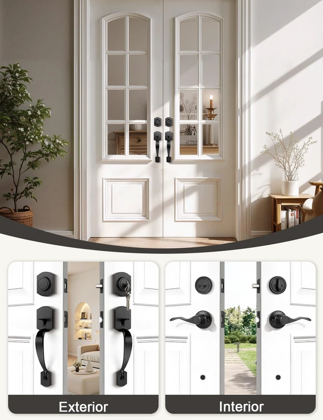 Alt view image 3 of 7 - Matte Black Double Front Door Handleset with Deadbolt Upgraded Entry Door Handle Featuring Accent Wave Lever, Keyed & Dummy Exterior Handleset Combination