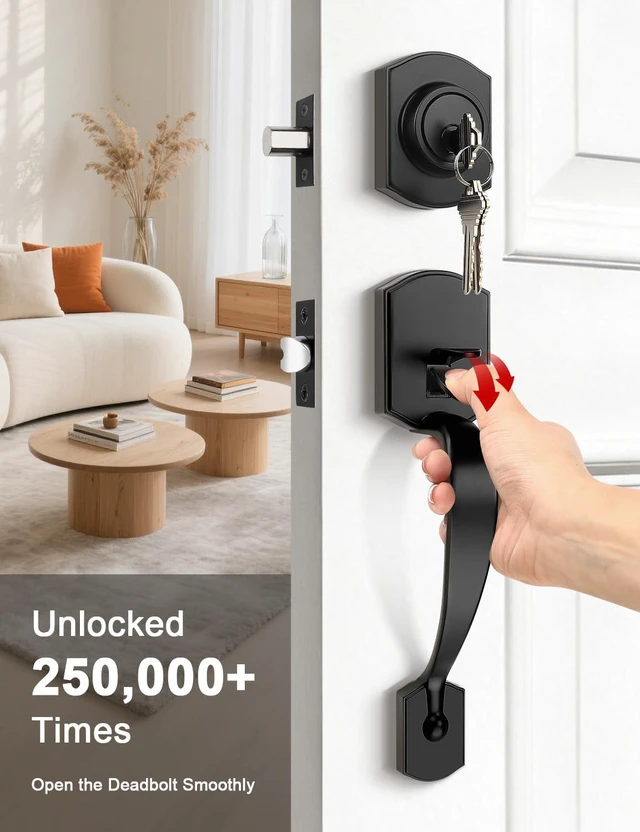 Alt view image 4 of 7 - Matte Black Double Front Door Handleset with Deadbolt Upgraded Entry Door Handle Featuring Accent Wave Lever, Keyed & Dummy Exterior Handleset Combination