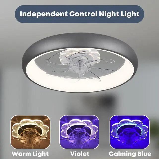 Alt view image 2 of 7 - 20'' Ceiling Fan with Light and Remote,Grey Low profile Fandelier 3-Color Night Light, 3000-6500K Dimmable LED, Flush Mount, Remote & App, 6 Speeds & Reverse, Memory, Timer, Quiet Bedroom Fan