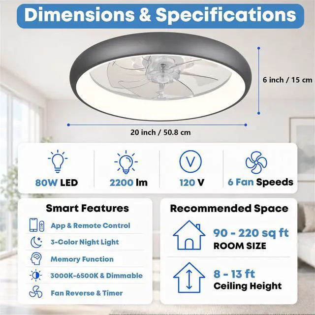 Alt view image 7 of 7 - 20'' Ceiling Fan with Light and Remote,Grey Low profile Fandelier 3-Color Night Light, 3000-6500K Dimmable LED, Flush Mount, Remote & App, 6 Speeds & Reverse, Memory, Timer, Quiet Bedroom Fan