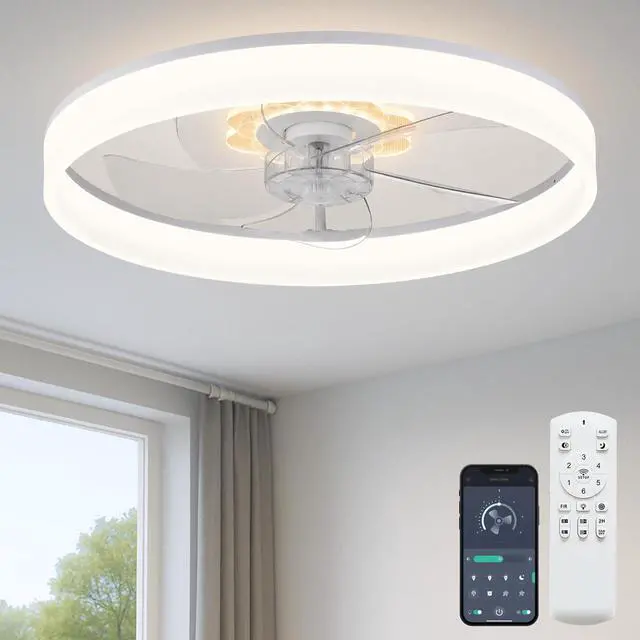Main image of 20'' Ceiling Fan with Light and Remote,White Low profile Fandelier 3-Color Night Light, 3000-6500K Dimmable LED, Flush Mount, Remote & App, 6 Speeds & Reverse, Memory, Timer, Quiet Bedroom Fan