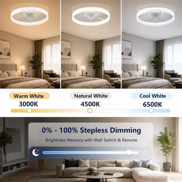Alt view image 4 of 7 - 20'' Ceiling Fan with Light and Remote,White Low profile Fandelier 3-Color Night Light, 3000-6500K Dimmable LED, Flush Mount, Remote & App, 6 Speeds & Reverse, Memory, Timer, Quiet Bedroom Fan
