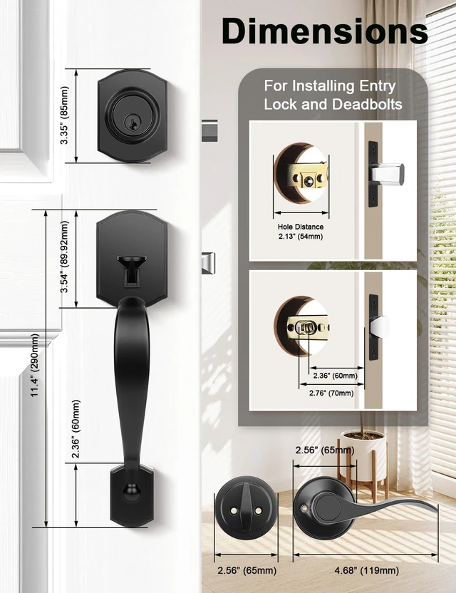 Alt view image 7 of 7 - Matte Black Double Front Door Handleset with Deadbolt Upgraded Entry Door Handle Featuring Accent Wave Lever, Keyed & Dummy Exterior Handleset Combination