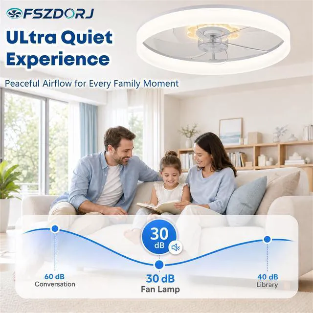 Alt view image 6 of 7 - 20'' Ceiling Fan with Light and Remote,White Low profile Fandelier 3-Color Night Light, 3000-6500K Dimmable LED, Flush Mount, Remote & App, 6 Speeds & Reverse, Memory, Timer, Quiet Bedroom Fan
