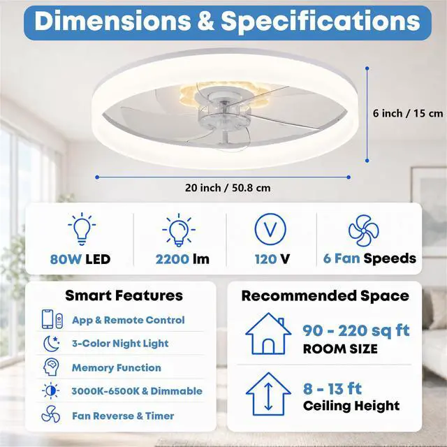 Alt view image 7 of 7 - 20'' Ceiling Fan with Light and Remote,White Low profile Fandelier 3-Color Night Light, 3000-6500K Dimmable LED, Flush Mount, Remote & App, 6 Speeds & Reverse, Memory, Timer, Quiet Bedroom Fan