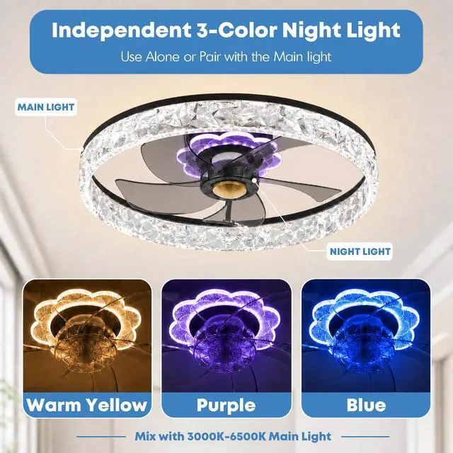 Alt view image 2 of 7 - 20'' Ceiling Fan with Light and Remote,Balck Low profile Fandelier 3-Color Night Light, 3000-6500K Dimmable LED, Flush Mount, Remote & App, 6 Speeds & Reverse, Memory, Timer, Quiet Bedroom Fan