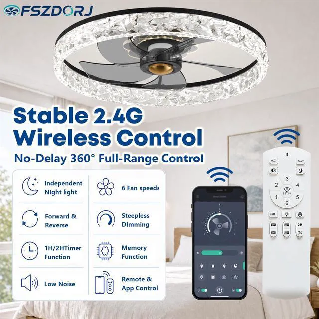 Alt view image 5 of 7 - 20'' Ceiling Fan with Light and Remote,Balck Low profile Fandelier 3-Color Night Light, 3000-6500K Dimmable LED, Flush Mount, Remote & App, 6 Speeds & Reverse, Memory, Timer, Quiet Bedroom Fan