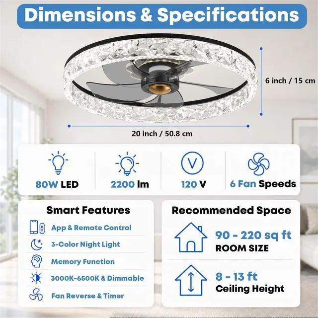 Alt view image 7 of 7 - 20'' Ceiling Fan with Light and Remote,Balck Low profile Fandelier 3-Color Night Light, 3000-6500K Dimmable LED, Flush Mount, Remote & App, 6 Speeds & Reverse, Memory, Timer, Quiet Bedroom Fan