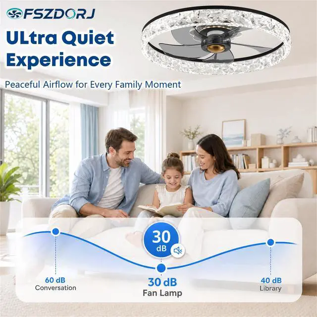 Alt view image 6 of 7 - 20'' Ceiling Fan with Light and Remote,Balck Low profile Fandelier 3-Color Night Light, 3000-6500K Dimmable LED, Flush Mount, Remote & App, 6 Speeds & Reverse, Memory, Timer, Quiet Bedroom Fan