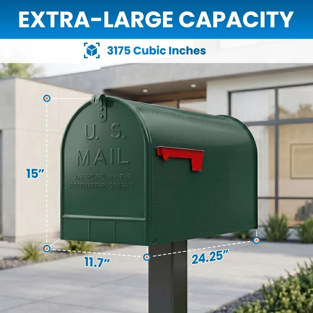 Alt view image 2 of 7 - Jumbo Size Rural Mailbox, 3175 cu-in Capacity, Galvanized Steel, Powder-Coated, 15 in. H x 11.69 in. W x 24.82 in. L, Green, Extra Large