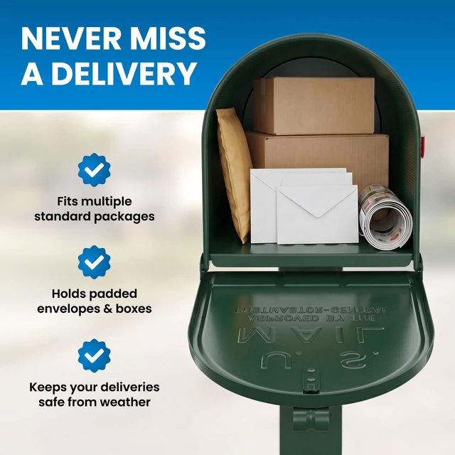 Alt view image 3 of 7 - Jumbo Size Rural Mailbox, 3175 cu-in Capacity, Galvanized Steel, Powder-Coated, 15 in. H x 11.69 in. W x 24.82 in. L, Green, Extra Large