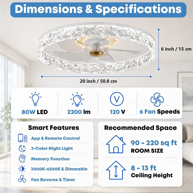 Alt view image 7 of 7 - 20'' Ceiling Fan with Light and Remote, Low Profile Ceiling Fan with Light, Dimmable Flush Mount Ceiling Fan Light, 6 Speeds Fan, App&Remote Control, Fandelier Quiet Fan for Bedroom F098 White