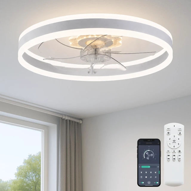 Main image of 20'' Ceiling Fan with Light and Remote, Low Profile Ceiling Fan with Light, Dimmable Flush Mount Ceiling Fan Light, 6 Speeds Fan, App&Remote Control, Fandelier Quiet Fan for Bedroom F105 White