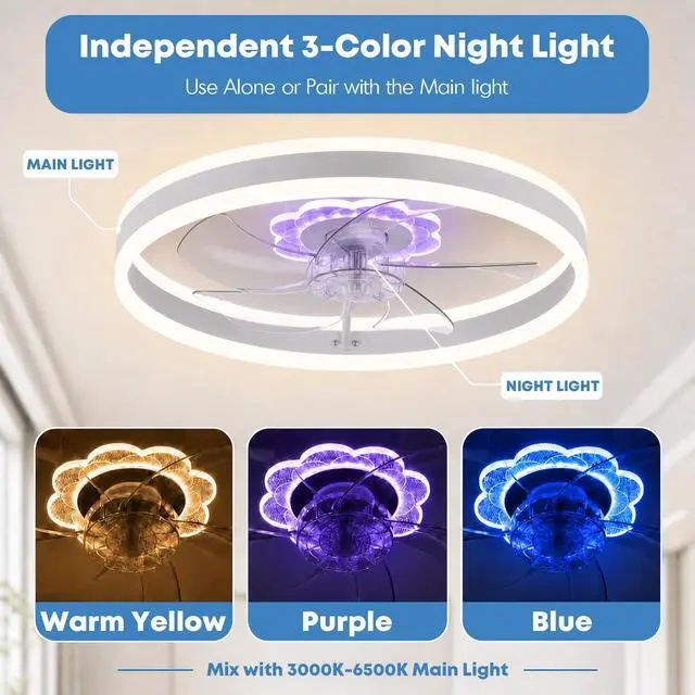Alt view image 2 of 7 - 20'' Ceiling Fan with Light and Remote, Low Profile Ceiling Fan with Light, Dimmable Flush Mount Ceiling Fan Light, 6 Speeds Fan, App&Remote Control, Fandelier Quiet Fan for Bedroom F105 White