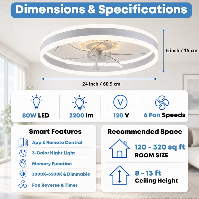 Alt view image 7 of 7 - 20'' Ceiling Fan with Light and Remote, Low Profile Ceiling Fan with Light, Dimmable Flush Mount Ceiling Fan Light, 6 Speeds Fan, App&Remote Control, Fandelier Quiet Fan for Bedroom F105 White