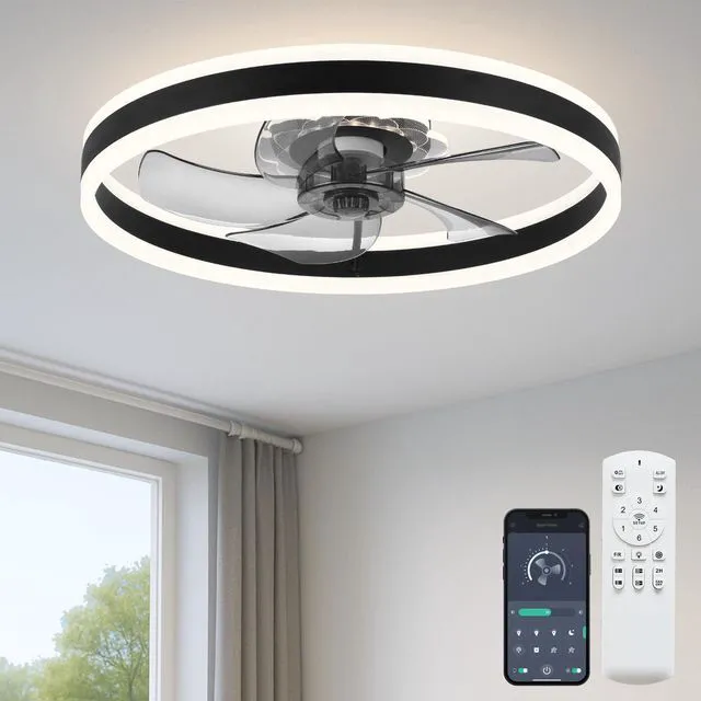 Main image of 20'' Ceiling Fan with Light and Remote, Low Profile Ceiling Fan with Light, Dimmable Flush Mount Ceiling Fan Light, 6 Speeds Fan, App&Remote Control, Fandelier Quiet Fan for Bedroom F105 Black