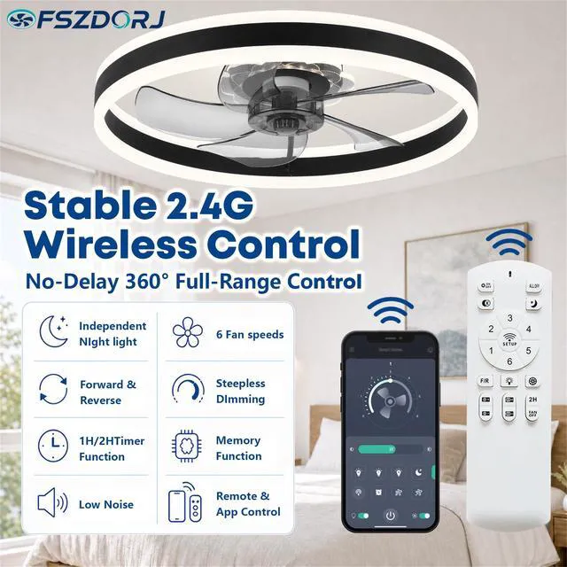 Alt view image 5 of 7 - 20'' Ceiling Fan with Light and Remote, Low Profile Ceiling Fan with Light, Dimmable Flush Mount Ceiling Fan Light, 6 Speeds Fan, App&Remote Control, Fandelier Quiet Fan for Bedroom F105 Black