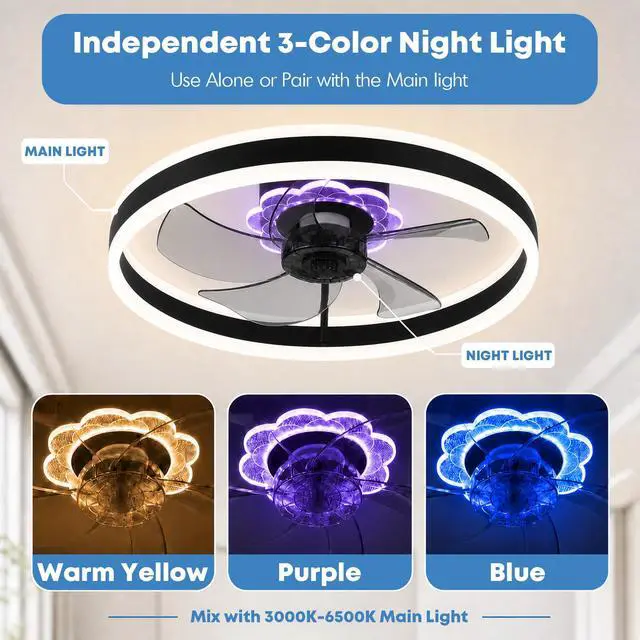 Alt view image 2 of 7 - 20'' Ceiling Fan with Light and Remote, Low Profile Ceiling Fan with Light, Dimmable Flush Mount Ceiling Fan Light, 6 Speeds Fan, App&Remote Control, Fandelier Quiet Fan for Bedroom F105 Black