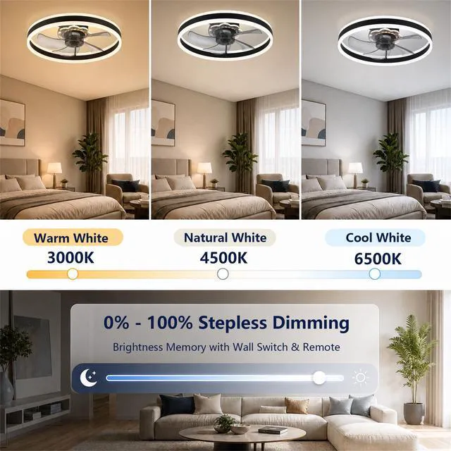 Alt view image 4 of 7 - 20'' Ceiling Fan with Light and Remote, Low Profile Ceiling Fan with Light, Dimmable Flush Mount Ceiling Fan Light, 6 Speeds Fan, App&Remote Control, Fandelier Quiet Fan for Bedroom F105 Black