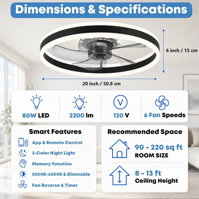 Alt view image 7 of 7 - 20'' Ceiling Fan with Light and Remote, Low Profile Ceiling Fan with Light, Dimmable Flush Mount Ceiling Fan Light, 6 Speeds Fan, App&Remote Control, Fandelier Quiet Fan for Bedroom F105 Black