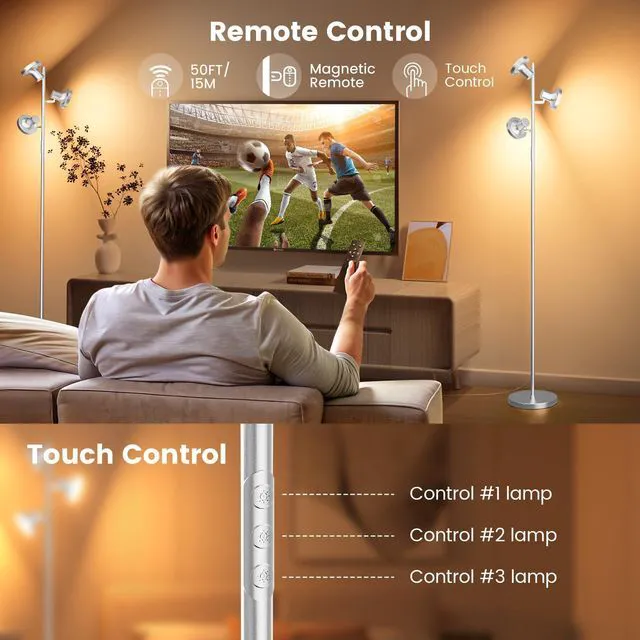 Alt view image 3 of 7 - 36W LED Tree Floor Lamp, Modern Dimmable Standing Lamp with Remote & Touch Control, 4 Color Temperatures, 3 Rotatable LED Light Floor Lamps for Living Room, Bedroom, Office