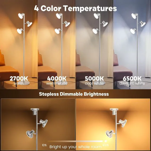 Alt view image 4 of 7 - 36W LED Tree Floor Lamp, Modern Dimmable Standing Lamp with Remote & Touch Control, 4 Color Temperatures, 3 Rotatable LED Light Floor Lamps for Living Room, Bedroom, Office