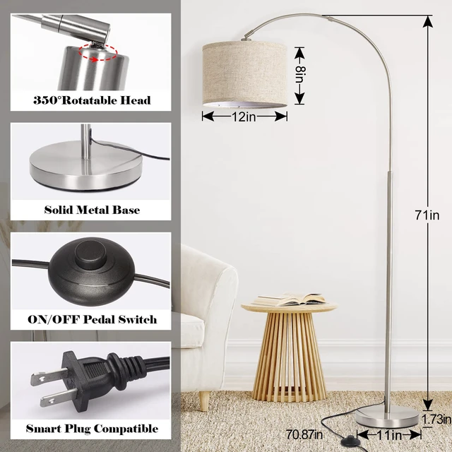 Alt view image 2 of 6 - Silver Floor Lamp, Arc Floor Lamp with Adjustable Head and Pedal Switch Modern Tall Pole Lamp, Over Couch Arched Standing Light for Reading Living Room Bedroom Office, E26 Base
