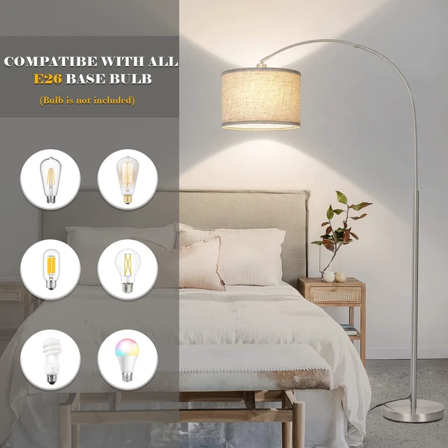 Alt view image 4 of 6 - Silver Floor Lamp, Arc Floor Lamp with Adjustable Head and Pedal Switch Modern Tall Pole Lamp, Over Couch Arched Standing Light for Reading Living Room Bedroom Office, E26 Base