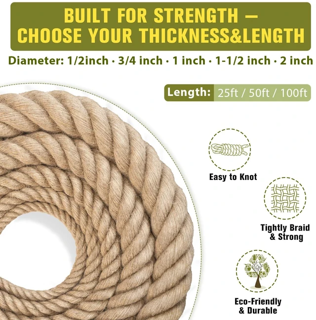 Alt view image 3 of 7 - Thick Jute Rope Heavy Duty - 1-1/2inch 50ft Natural Twisted Manila Hemp Ropes Indoor and Outdoor Decorative Kits for Crafts Porch Swing Nautical Tug of War Landscaping