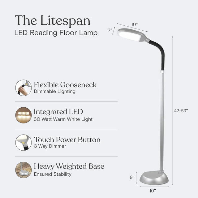 Alt view image 6 of 7 - Litespan Titanium Silver LED Floor Reading Lamp, Energy Efficient, Adjustable Standing, 850-950 Lumens, 12W