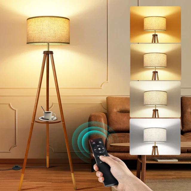 Main image of Wood Tripod Floor Lamp with Shelves, Mid Century Floor Lamp with Remote Control, 4 Color Temperature, LED Modern Dimmable Standing Lamp for Living Room, Bedroom, Office, Walnut & Gold
