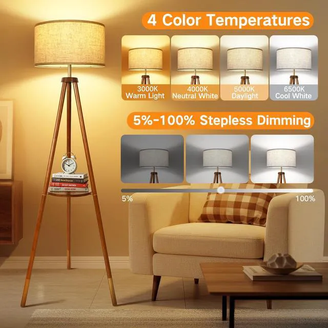 Alt view image 2 of 7 - Wood Tripod Floor Lamp with Shelves, Mid Century Floor Lamp with Remote Control, 4 Color Temperature, LED Modern Dimmable Standing Lamp for Living Room, Bedroom, Office, Walnut & Gold