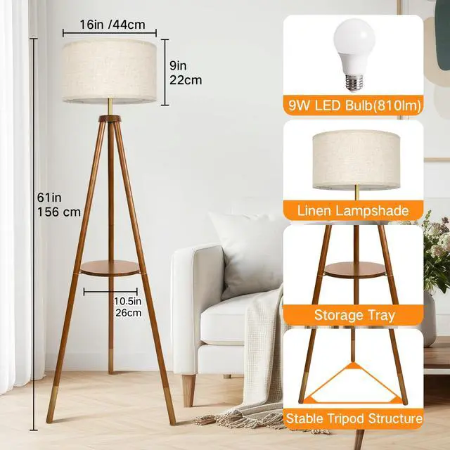 Alt view image 4 of 7 - Wood Tripod Floor Lamp with Shelves, Mid Century Floor Lamp with Remote Control, 4 Color Temperature, LED Modern Dimmable Standing Lamp for Living Room, Bedroom, Office, Walnut & Gold
