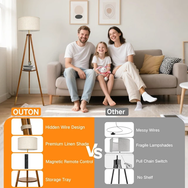 Alt view image 3 of 7 - Wood Tripod Floor Lamp with Shelves, Mid Century Floor Lamp with Remote Control, 4 Color Temperature, LED Modern Dimmable Standing Lamp for Living Room, Bedroom, Office, Walnut & Gold