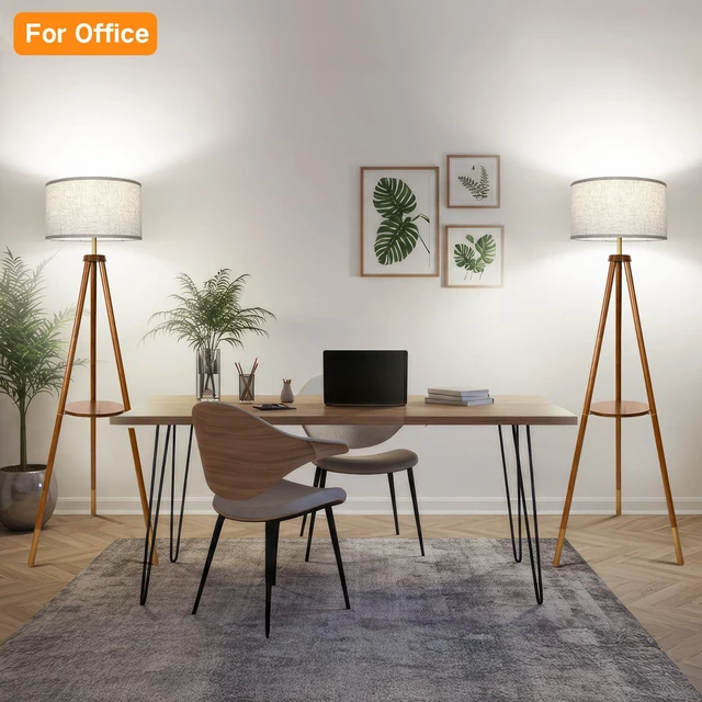 Alt view image 6 of 7 - Wood Tripod Floor Lamp with Shelves, Mid Century Floor Lamp with Remote Control, 4 Color Temperature, LED Modern Dimmable Standing Lamp for Living Room, Bedroom, Office, Walnut & Gold