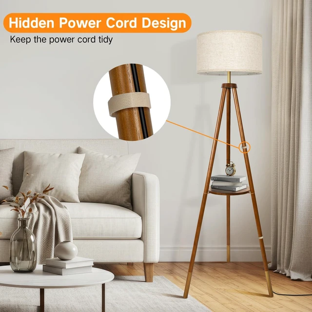 Alt view image 5 of 7 - Wood Tripod Floor Lamp with Shelves, Mid Century Floor Lamp with Remote Control, 4 Color Temperature, LED Modern Dimmable Standing Lamp for Living Room, Bedroom, Office, Walnut & Gold