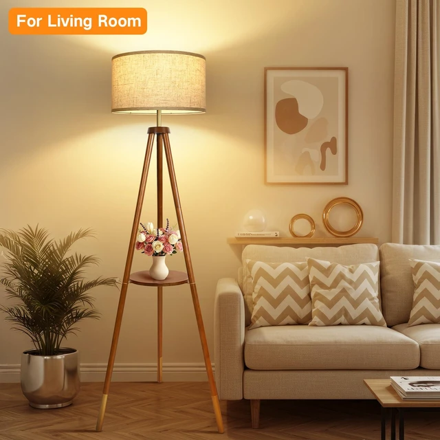 Alt view image 7 of 7 - Wood Tripod Floor Lamp with Shelves, Mid Century Floor Lamp with Remote Control, 4 Color Temperature, LED Modern Dimmable Standing Lamp for Living Room, Bedroom, Office, Walnut & Gold