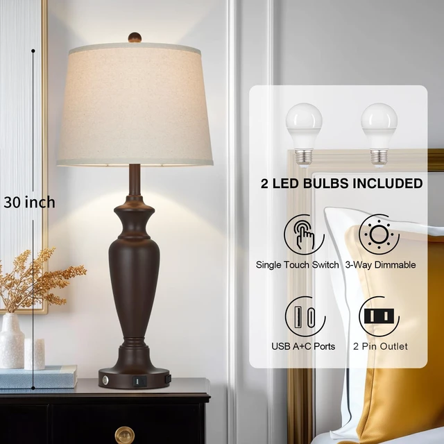 Alt view image 2 of 7 - 30" Tall Metal Table Lamps Set of 2, Touch Control Bedside Lamps for Bedroom Nightstand, 3-Way Dimmable Farmhouse Lamp for Living Room with Charging Ports, Brown (2 LED Bulbs Included)