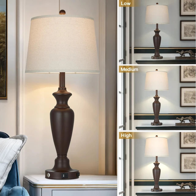 Alt view image 3 of 7 - 30" Tall Metal Table Lamps Set of 2, Touch Control Bedside Lamps for Bedroom Nightstand, 3-Way Dimmable Farmhouse Lamp for Living Room with Charging Ports, Brown (2 LED Bulbs Included)